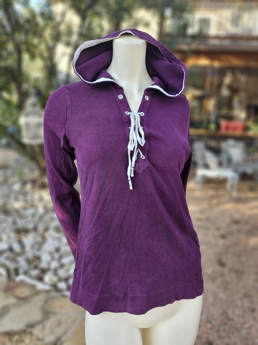Gap Body 2007 Women’s Long-Sleeve Lace Up Neck Hooded Pullover Top - Purple S